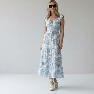 Felicite Cotton Gauze Smocked Midi Dress Blue Palm XS